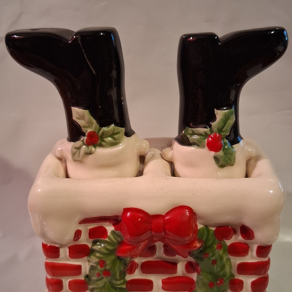 Ceramic Santa Boot Chimney Salt and Pepper Shakers - Holiday Red & Black